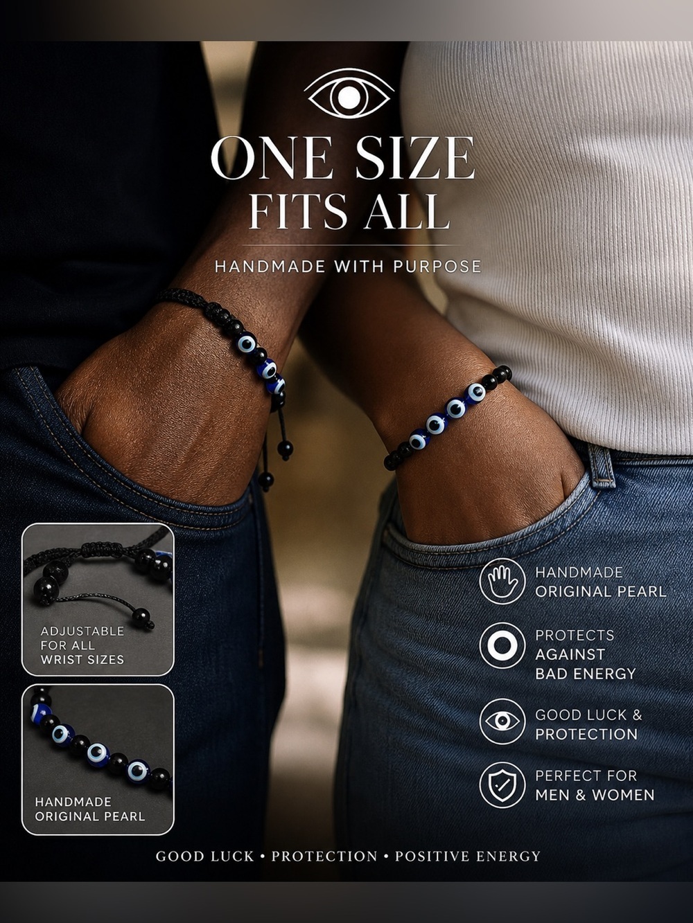 Evil Eye Beaded Bracelet – Adjustable Unisex Protection Jewelry - Picture 4 of 14